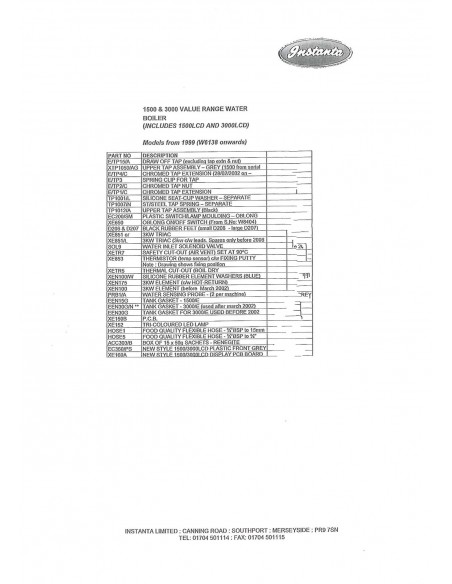 Spares List LCD Models