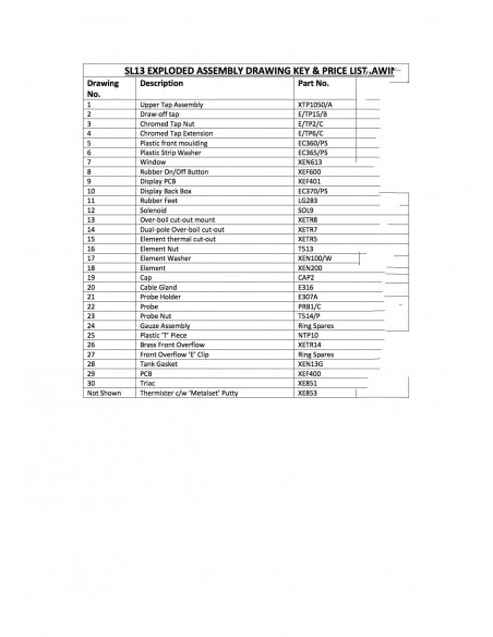 Spares List SL13 Models